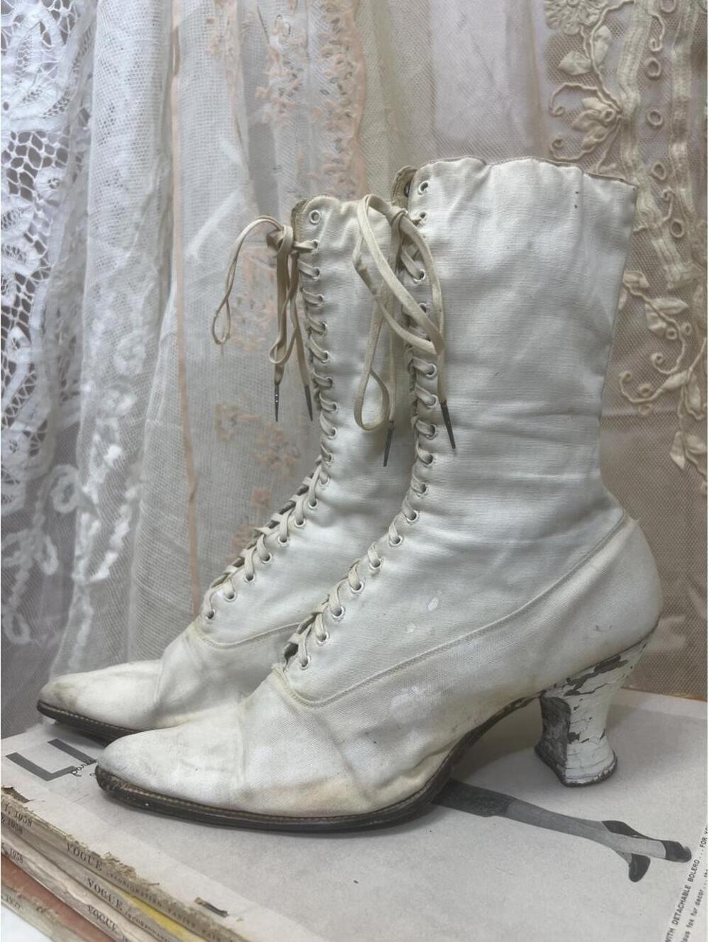 Genuine antique late-Victorian to Edwardian-era lace-up bridal boot